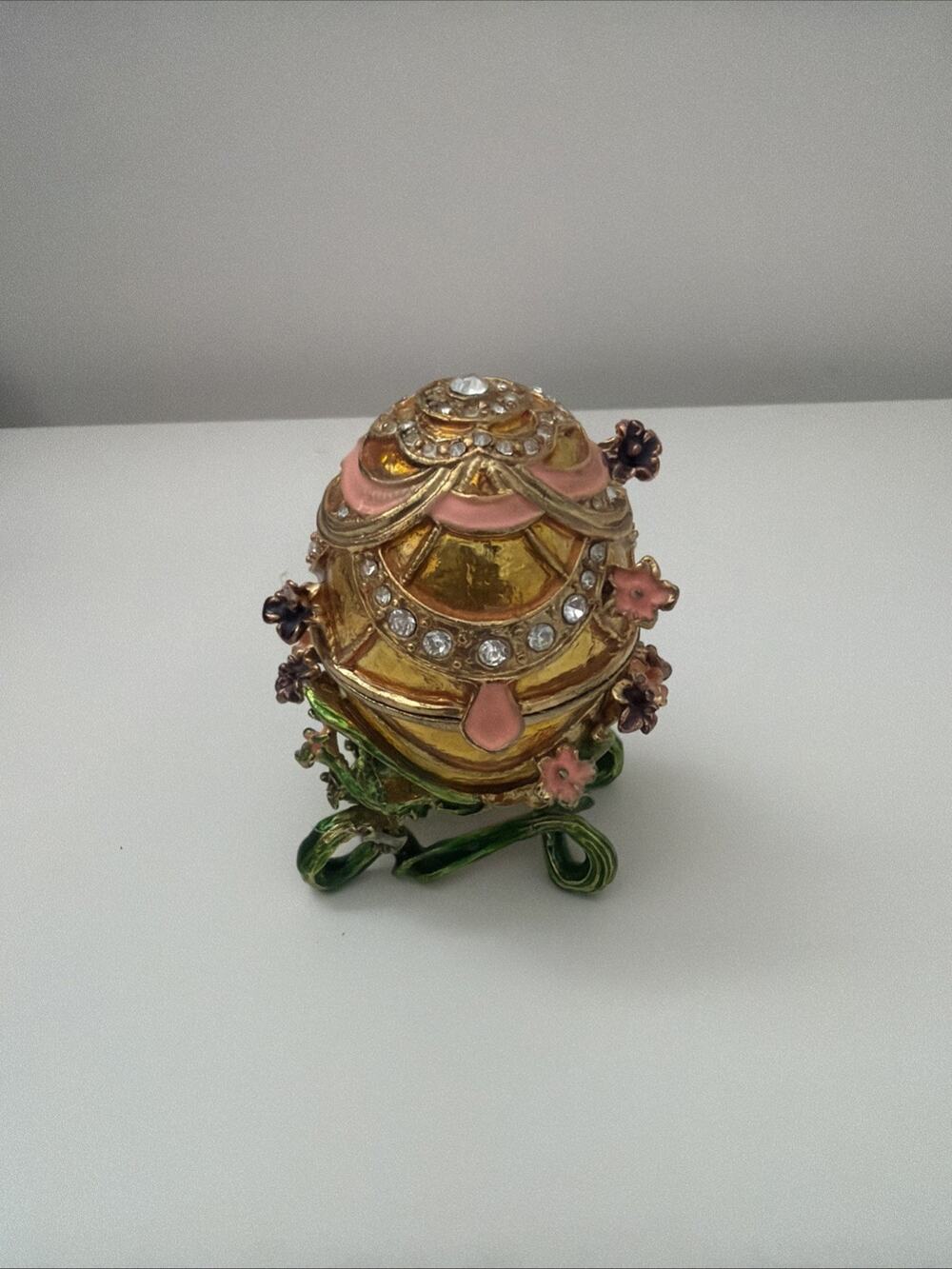 Gold Tone Rhinestone Magnetic Trinket Box - Enameled - Attached Stand